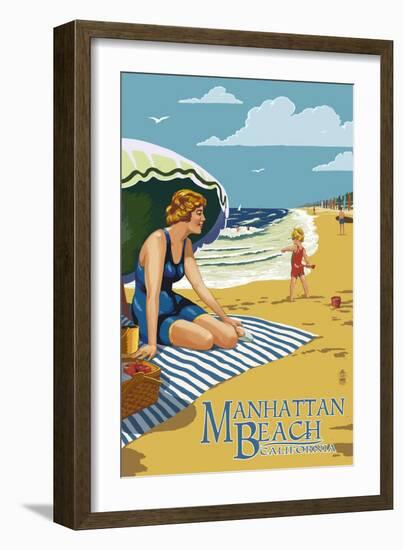 Manhattan Beach, California - Woman on the Beach-Lantern Press-Framed Art Print