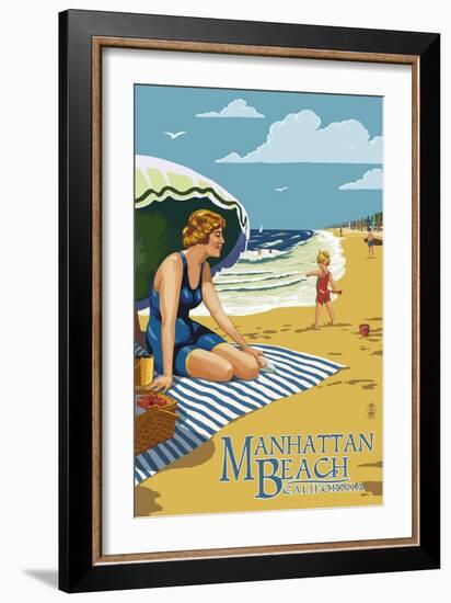 Manhattan Beach, California - Woman on the Beach-Lantern Press-Framed Art Print