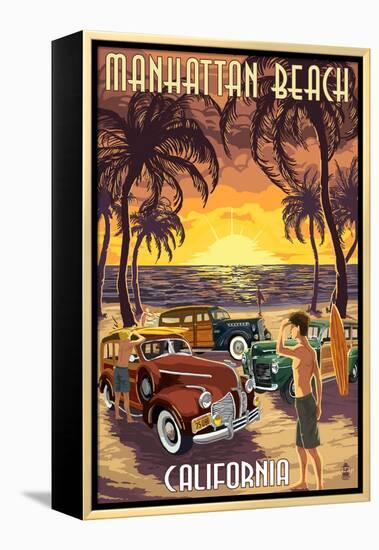 Manhattan Beach, California - Woodies and Sunset-Lantern Press-Framed Stretched Canvas