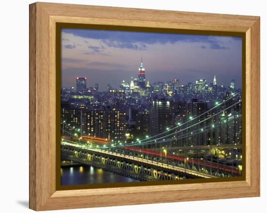 Manhattan Bridge and Skyline at Night-Michel Setboun-Framed Premier Image Canvas