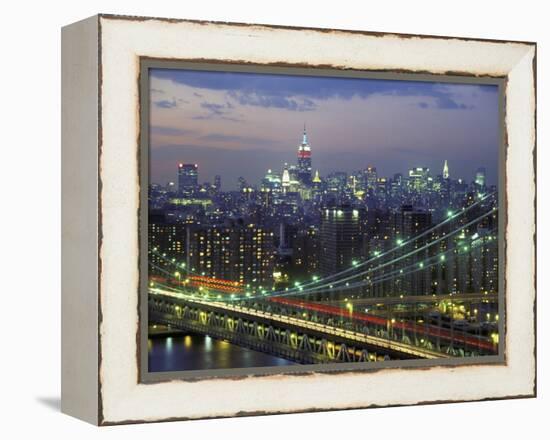 Manhattan Bridge and Skyline at Night-Michel Setboun-Framed Premier Image Canvas