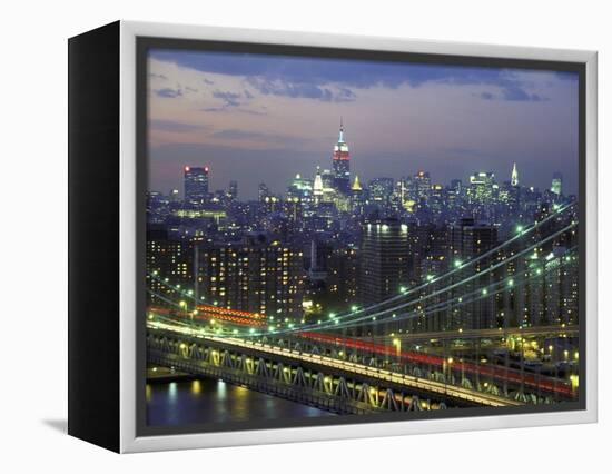 Manhattan Bridge and Skyline at Night-Michel Setboun-Framed Premier Image Canvas