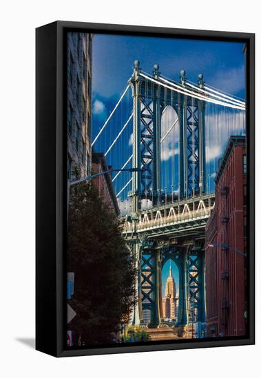 Manhattan Bridge frames Empire State Building, NY NY-null-Framed Premier Image Canvas