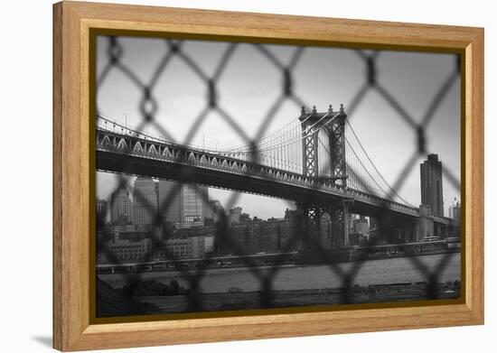 Manhattan Bridge in Black and White Through Chain Fence-null-Framed Stretched Canvas