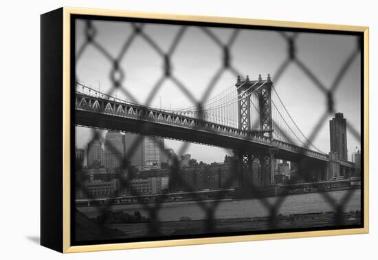 Manhattan Bridge in Black and White Through Chain Fence-null-Framed Stretched Canvas