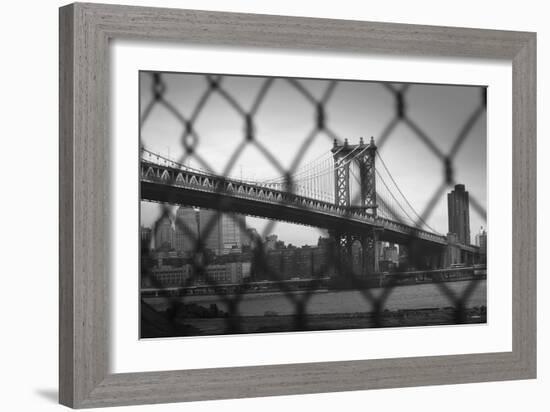 Manhattan Bridge in Black and White Through Chain Fence-null-Framed Photo