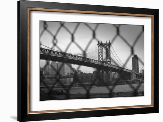 Manhattan Bridge in Black and White Through Chain Fence-null-Framed Photo