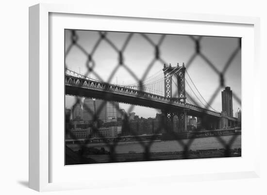 Manhattan Bridge in Black and White Through Chain Fence-null-Framed Photo