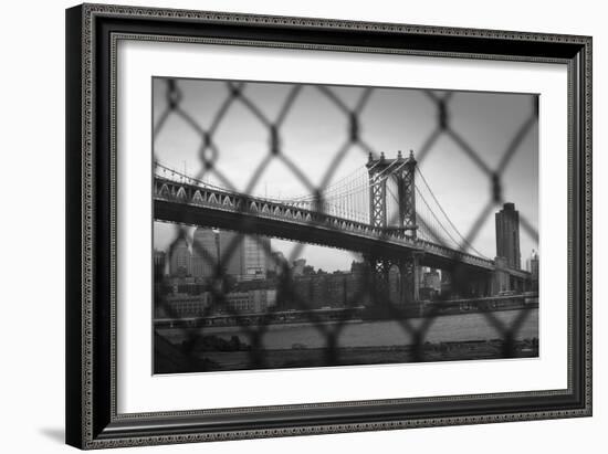 Manhattan Bridge in Black and White Through Chain Fence-null-Framed Photo