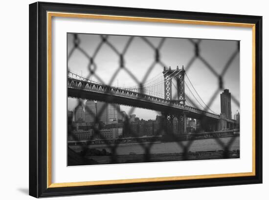 Manhattan Bridge in Black and White Through Chain Fence-null-Framed Photo