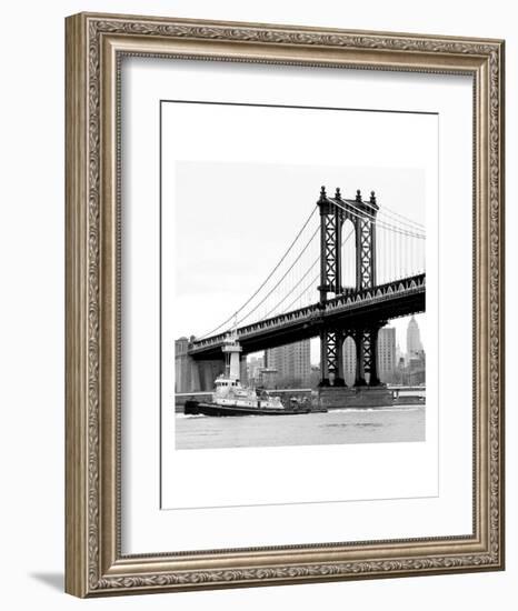 Manhattan Bridge with Tug Boat (b/w)-Erin Clark-Framed Art Print