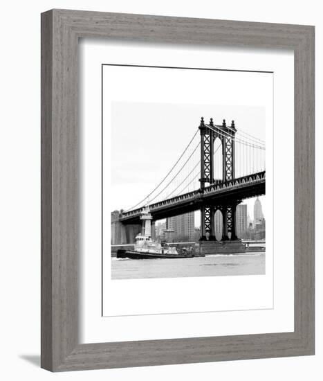 Manhattan Bridge with Tug Boat (b/w)-Erin Clark-Framed Art Print