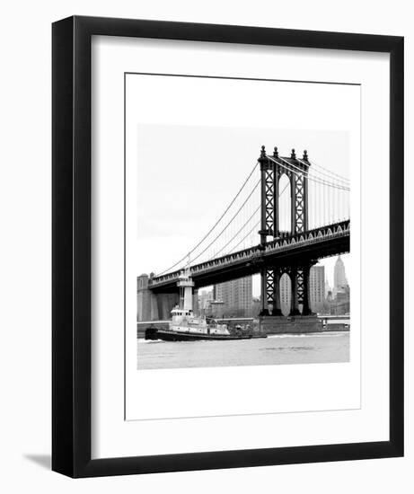 Manhattan Bridge with Tug Boat (b/w)-Erin Clark-Framed Art Print