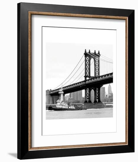 Manhattan Bridge with Tug Boat (b/w)-Erin Clark-Framed Art Print