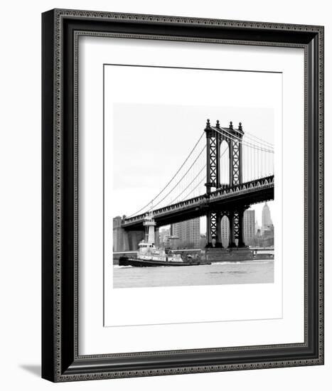 Manhattan Bridge with Tug Boat (b/w)-Erin Clark-Framed Art Print