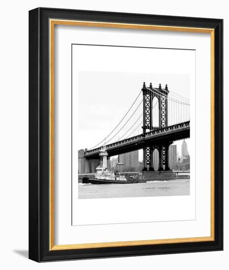 Manhattan Bridge with Tug Boat (b/w)-Erin Clark-Framed Art Print