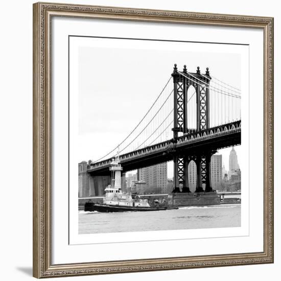 Manhattan Bridge with Tug Boat (b/w)-Erin Clark-Framed Art Print