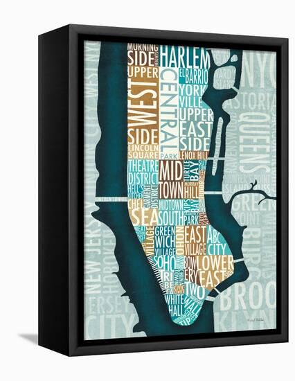 Manhattan Map Blue Brown-Michael Mullan-Framed Stretched Canvas