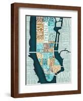 Manhattan Map Blue Brown-Michael Mullan-Framed Art Print