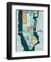Manhattan Map Blue Brown-Michael Mullan-Framed Art Print