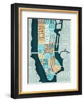 Manhattan Map Blue Brown-Michael Mullan-Framed Art Print