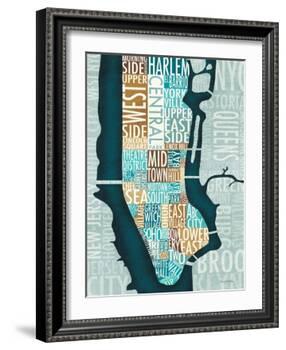 Manhattan Map Blue Brown-Michael Mullan-Framed Art Print