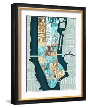 Manhattan Map Blue Brown-Michael Mullan-Framed Art Print