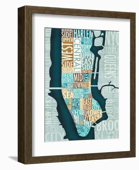 Manhattan Map Blue Brown-Michael Mullan-Framed Premium Giclee Print