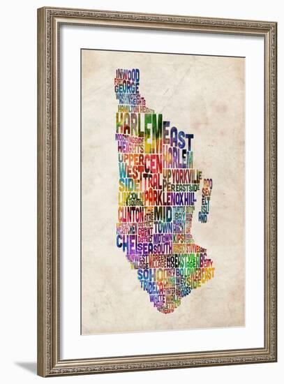 Manhattan New York Text Map-Michael Tompsett-Framed Art Print