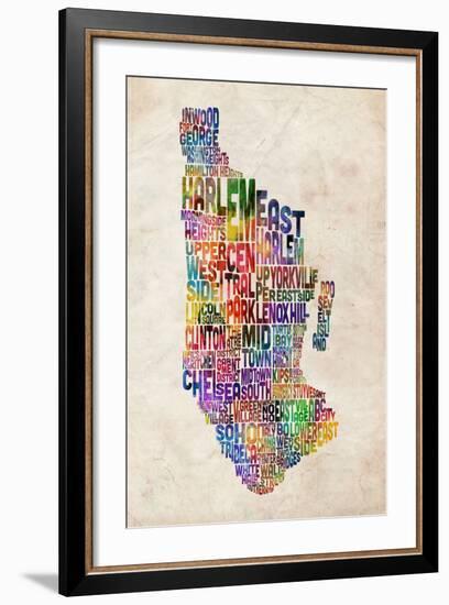 Manhattan New York Text Map-Michael Tompsett-Framed Art Print