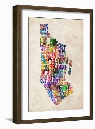 Manhattan New York Text Map-Michael Tompsett-Framed Art Print