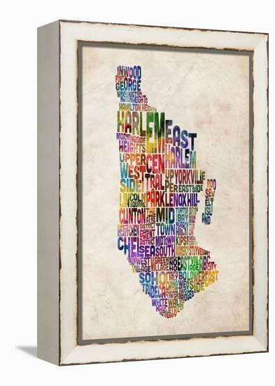 Manhattan New York Text Map-Michael Tompsett-Framed Stretched Canvas