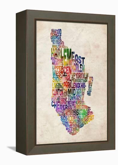 Manhattan New York Text Map-Michael Tompsett-Framed Stretched Canvas