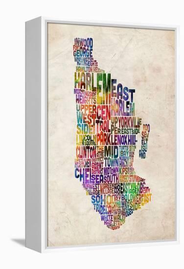 Manhattan New York Text Map-Michael Tompsett-Framed Stretched Canvas