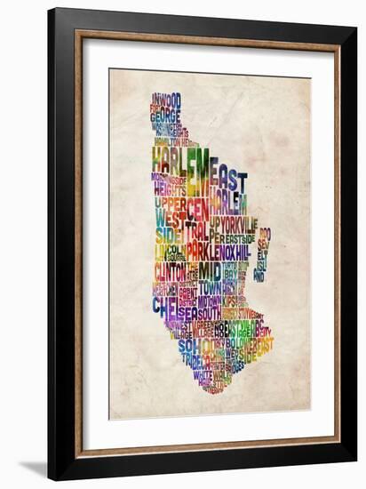 Manhattan New York Text Map-Michael Tompsett-Framed Premium Giclee Print