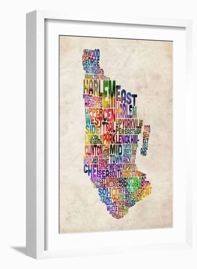 Manhattan New York Text Map-Michael Tompsett-Framed Premium Giclee Print