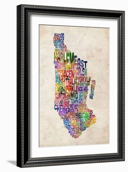 Manhattan New York Text Map-Michael Tompsett-Framed Premium Giclee Print