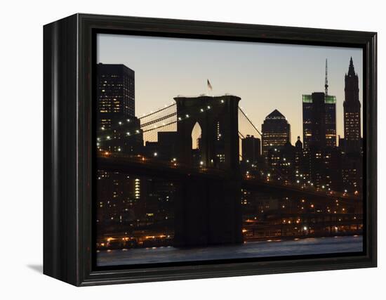 Manhattan Skyline and Brooklyn Bridge at Dusk, New York City, New York, USA-Amanda Hall-Framed Premier Image Canvas