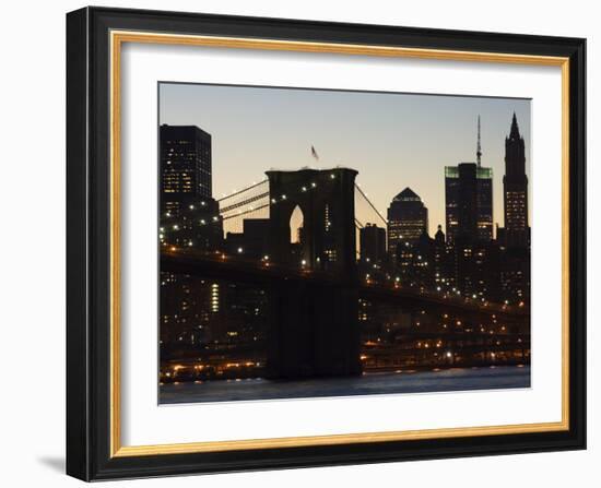 Manhattan Skyline and Brooklyn Bridge at Dusk, New York City, New York, USA-Amanda Hall-Framed Photographic Print