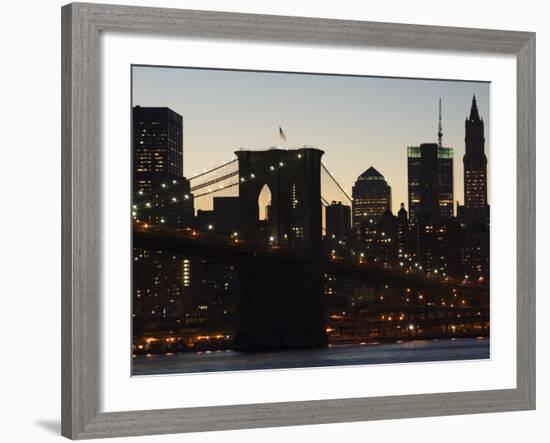 Manhattan Skyline and Brooklyn Bridge at Dusk, New York City, New York, USA-Amanda Hall-Framed Photographic Print