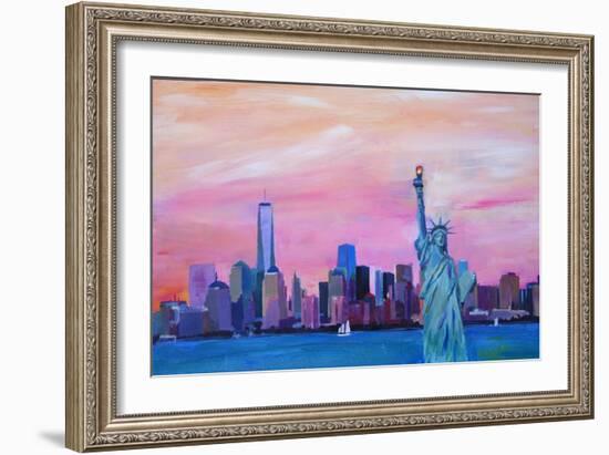 Manhattan Skyline with Downtown and Lady Liberty-Markus Bleichner-Framed Art Print