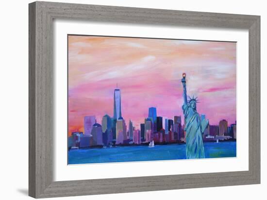 Manhattan Skyline with Downtown and Lady Liberty-Markus Bleichner-Framed Art Print