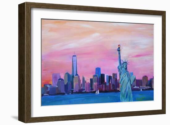 Manhattan Skyline with Downtown and Lady Liberty-Markus Bleichner-Framed Art Print