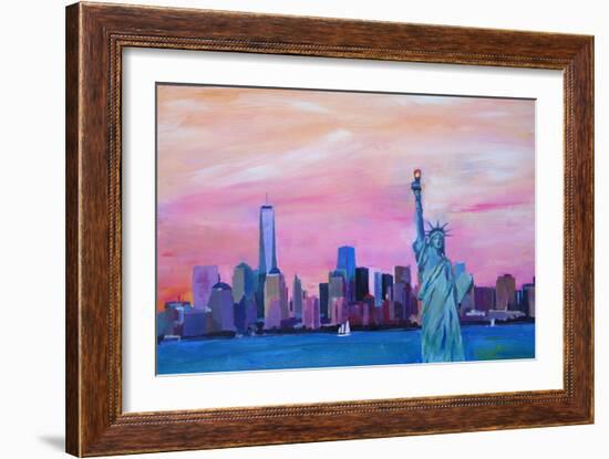 Manhattan Skyline with Downtown and Lady Liberty-Markus Bleichner-Framed Art Print