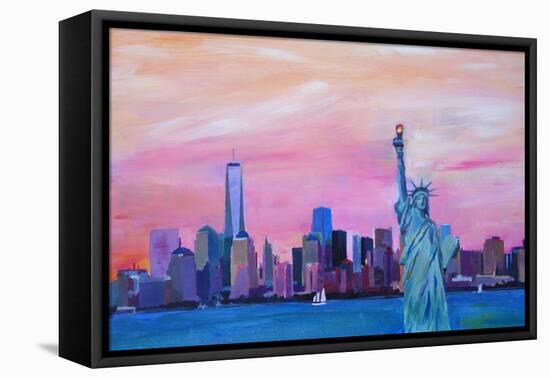 Manhattan Skyline with Downtown and Lady Liberty-Markus Bleichner-Framed Stretched Canvas