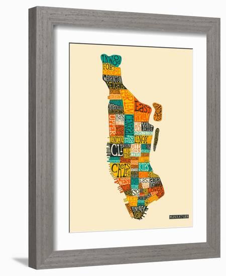 Manhattan Typographic Map-Jazzberry Blue-Framed Art Print