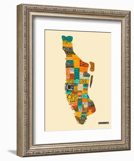 Manhattan Typographic Map-Jazzberry Blue-Framed Premium Giclee Print