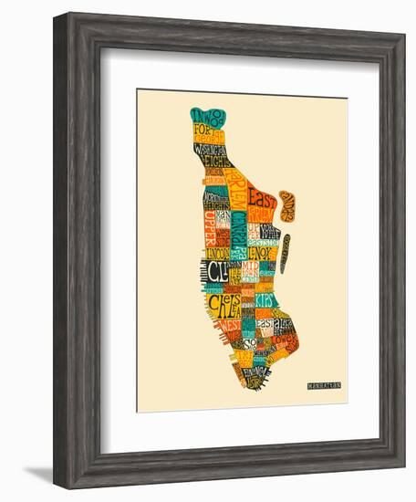 Manhattan Typographic Map-Jazzberry Blue-Framed Art Print