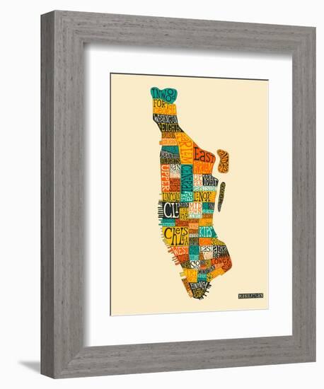 Manhattan Typographic Map-Jazzberry Blue-Framed Art Print