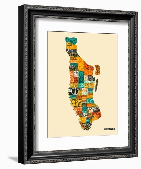 Manhattan Typographic Map-Jazzberry Blue-Framed Art Print